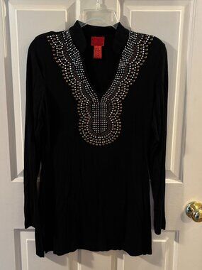 V Cristina Women's Black Stretch Embellished V-Neck Tunic Top ~ Small